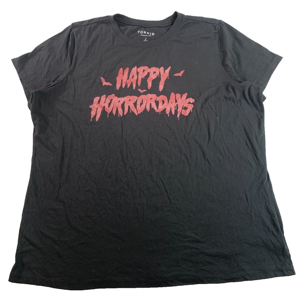 Torrid Happy Horrordays Womens Plus 2 2X Black Halloween Graphic Tee Bats Goth